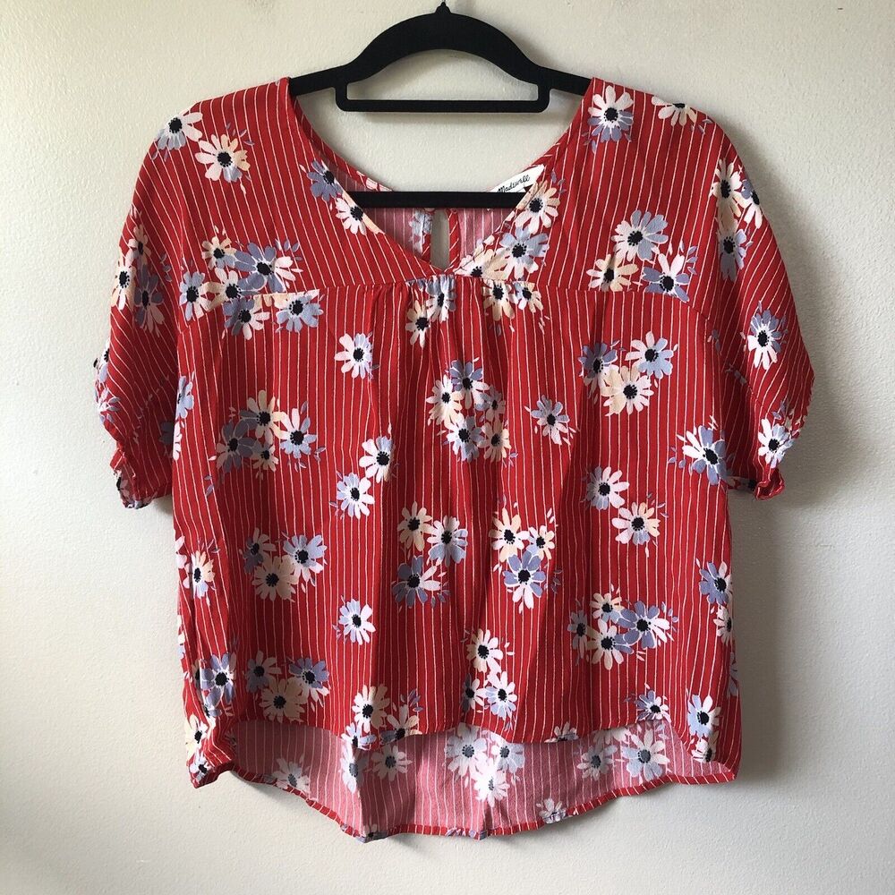 Madewell Top Womens XS Floral Stripe Cropped Boxy Oversized Keyhole Back Boho
